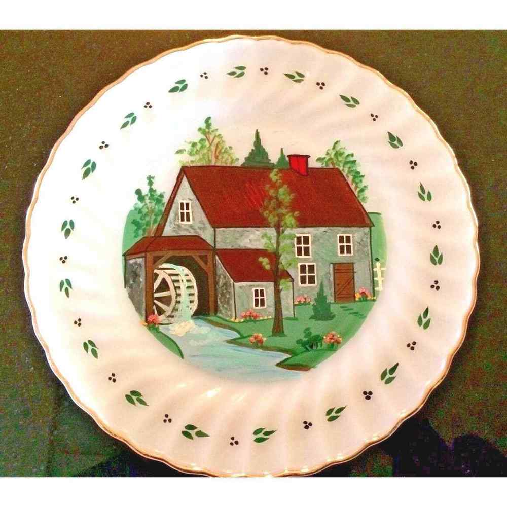 Vintage White‎ Fire King Plate Painted Cottage Scene 10"